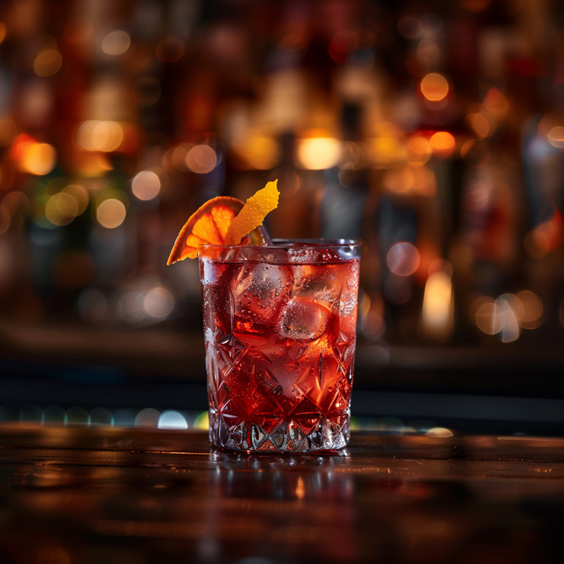 Blood orange negroni cocktail with orange peel