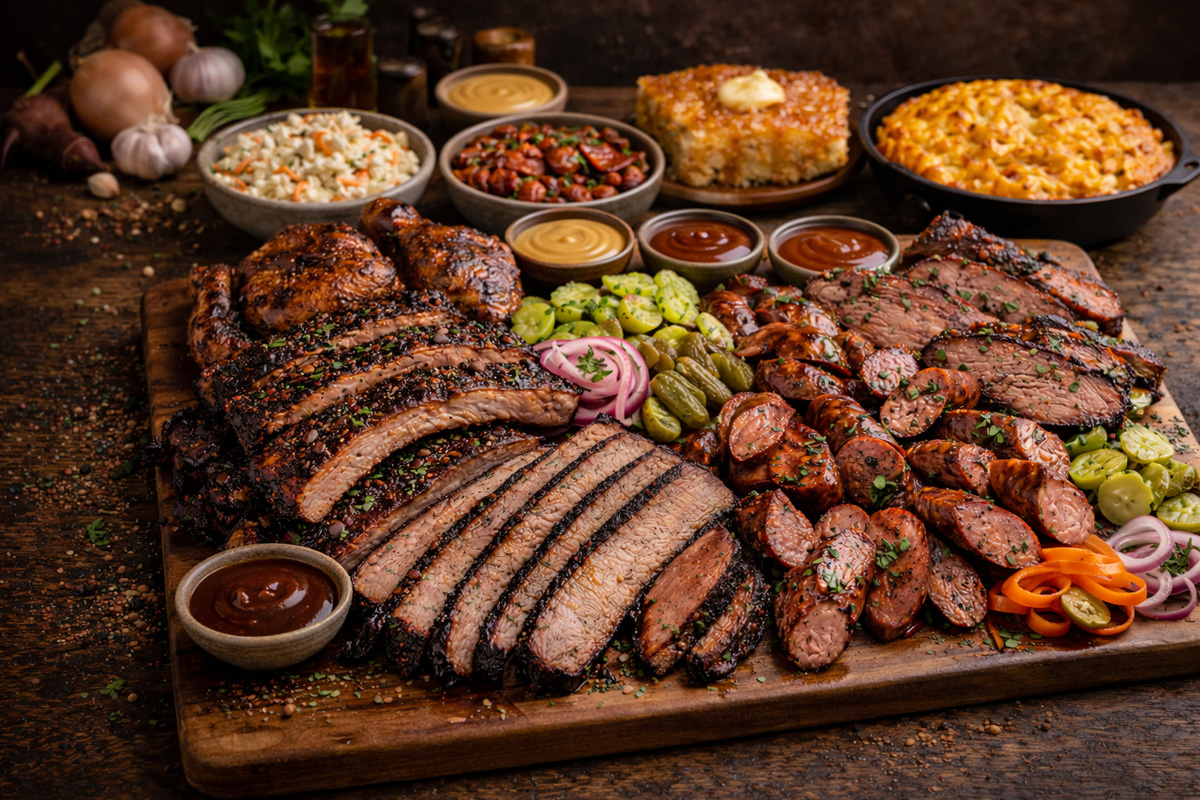 Large platter with multiple smoked meats and sides